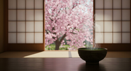 Steaming Matcha Tea in Traditional Japanese Tea House PNG