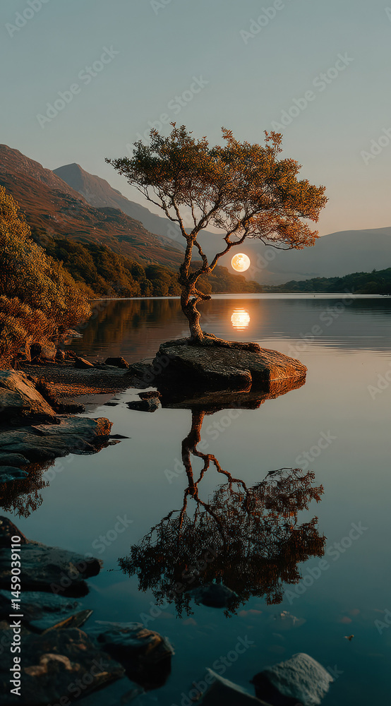 Poster serene sunset landscape featuring a solitary tree on a rock in a calm lake, with a large moon or sun