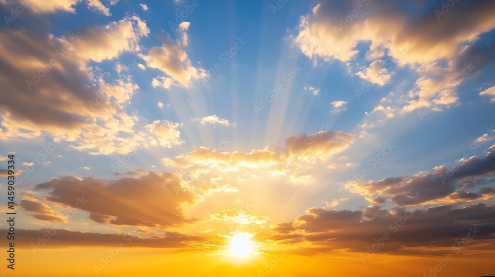Poster golden hour sunset with radiant sun rays piercing through dramatic cloudscape, creating a breathtaki