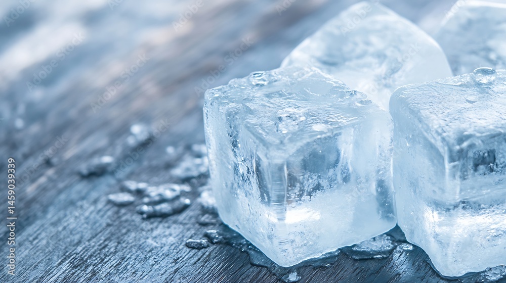 Poster close-up of several translucent ice cubes resting on a dark wooden surface, with melting water dropl