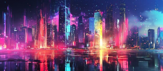 Fototapeta premium A vibrant futuristic cityscape reflected in a shimmering water, illuminated by neon lights.