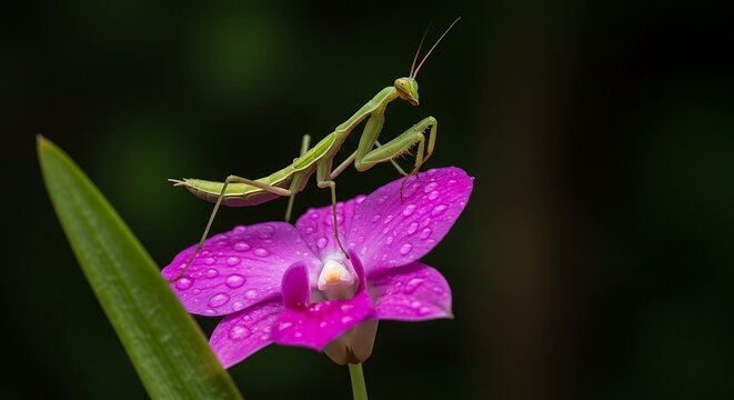A slender green mantis perches gracefully on a vibrant purple orchid covered in water droplets. A captivating display of nature's beauty.
