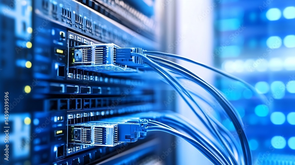 Poster Close-up view of fiber optic cables connected to a network server, showcasing intricate details of technology and connectivity in a data center. : Generative AI