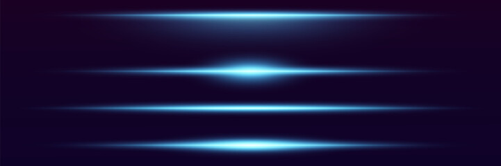 Set of blue neon light lines.Horizontal flash.Vector EPS 10.
