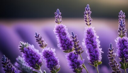 Fototapeta premium close up showcase of three lavender inflorescences in full purple bloom