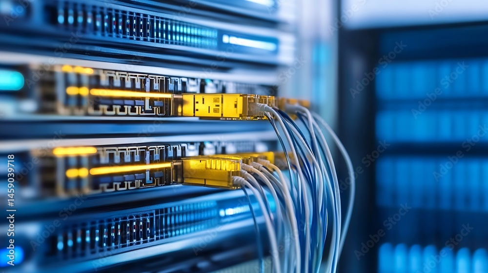 Aufkleber close-up of fiber optic cables connected to network server ports, showcasing data transfer and conne