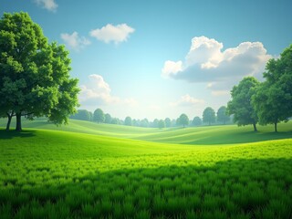 Bright blue sky with fluffy white clouds over green landscape