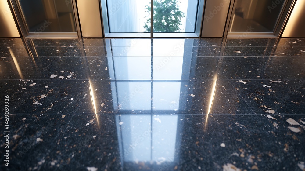 Aufkleber reflective black granite floor tiles in modern building hallway, showcasing window reflection and su