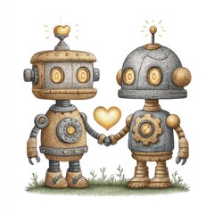 Two Retro Robots Holding Hands with Glowing Heart