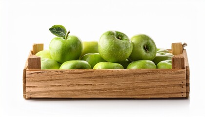 organic green apple in wooden crate white background