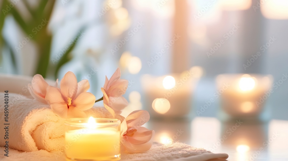 Poster spa serenity: close-up of a lit candle, soft towel, and delicate magnolia blossoms, creating a peace