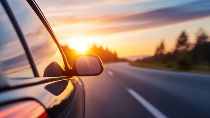 Driving into sunset, side view of a car on a highway, golden hour light reflecting on the vehicle's side mirror and window, blurred motion of trees and road ahead. : Generative AI