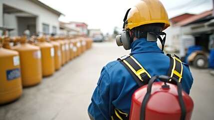 Industrial worker stands in a facility, safety gear,  and equipment.