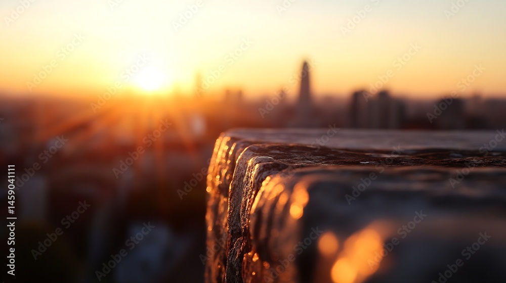 Poster golden sunset cityscape view from a high vantage point, showcasing a textured stone ledge in the for
