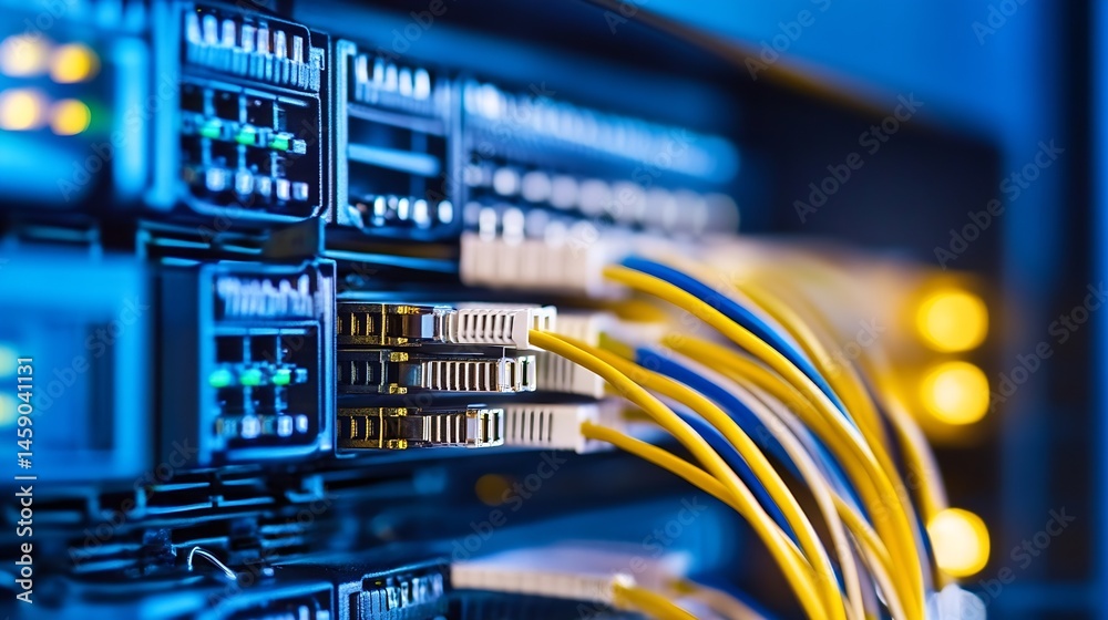 Aufkleber Close-up view of fiber optic cables connected to a network server, showcasing intricate details of data transfer technology and connectivity infrastructure. : Generative AI