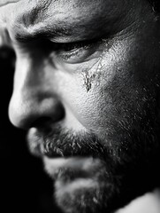 Close-up monochrome portrait of a man's face, showing a single tear rolling down his cheek, highlighting the texture of his skin and beard. : Generative AI