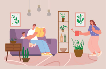 Happy family at home. Father reading a book to child on the sofa while mother waters indoor plants. Cozy living room scene, parenting, family time. Flat cartoon vector illustration.