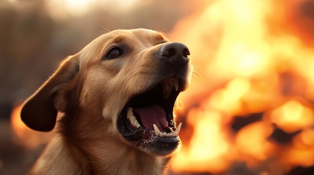 Golden retriever dog panting, mouth open, sunset, warm light, orange background, summer, canine, pet, animal, furry, playful, happy, joyful, outdoors, nature, close-up, portrait, expre : Generative AI