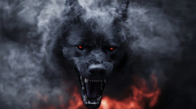A snarling black wolf emerges from dark smoke and fire, its red eyes glowing intensely, creating a dramatic and ominous scene. : Generative AI - Powered by Adobe