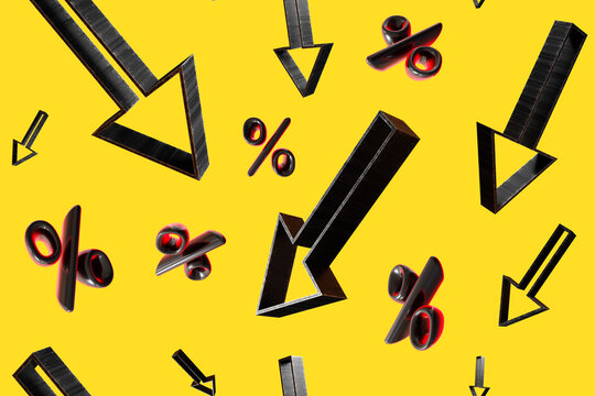 Colorful design showcases a seamless pattern filled with dynamic arrows pointing down and vibrant percentage signs, ideal for highlighting discounts and promotions in marketing materials