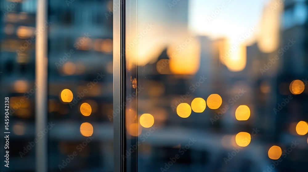 Aufkleber blurred city lights reflected in a modern glass building at sunset, creating a warm, bokeh effect. t