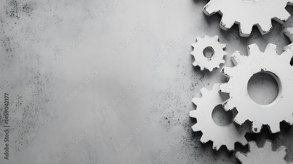 Poster white cogwheels on a textured grey surface, suggesting concepts of teamwork, mechanics, and industri