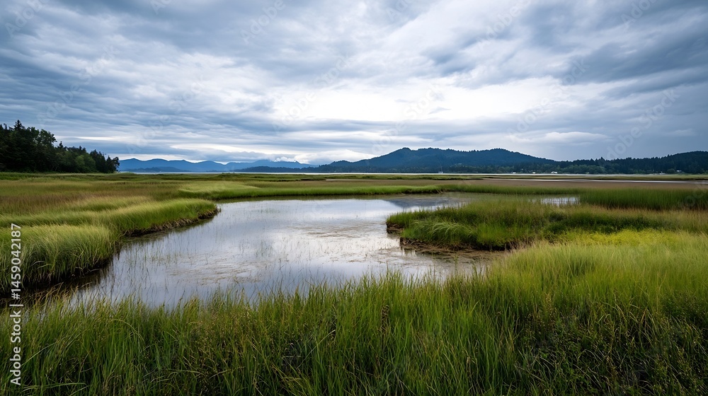 Poster serene coastal marsh landscape under a cloudy sky, featuring calm water reflecting the overcast heav