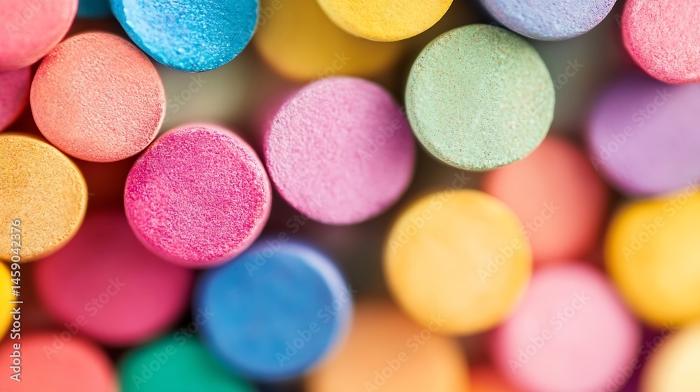 Poster Close-up view of colorful pastel chalk sticks arranged in a dense cluster, showcasing vibrant hues and textured surfaces.  The image offers a playful, artistic feel, ideal for projects : Generative AI