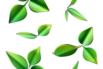 This seamless pattern showcases a variety of lush green leaves in different shapes dispersed evenly against a bright white background, perfect for nature-inspired designs and decor