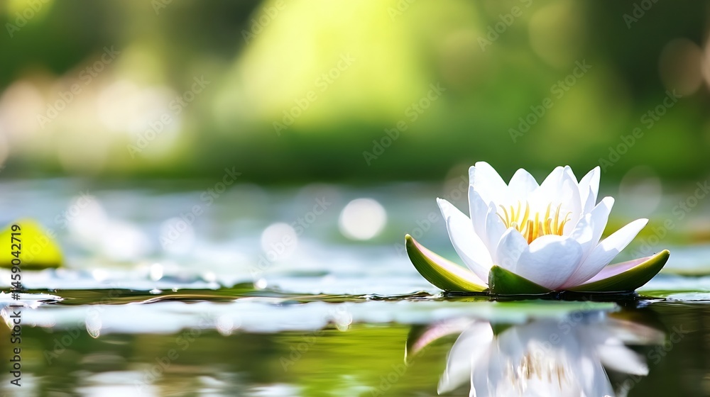 Poster serene white water lily floating on calm pond water, reflected in the still surface, surrounded by l