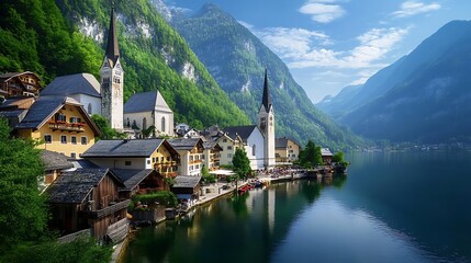 Naklejka premium Hallstatt Village Lakeside Serenity: Austrian Alps' Picturesque Charm