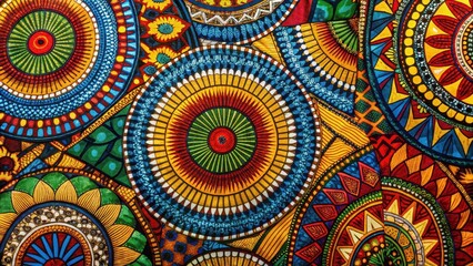 Obraz premium Traditional African print fabric with vibrant colors and intricate patterns made from soft cotton textile, showcasing unique designs and cultural heritage , cotton fabrics, textile art