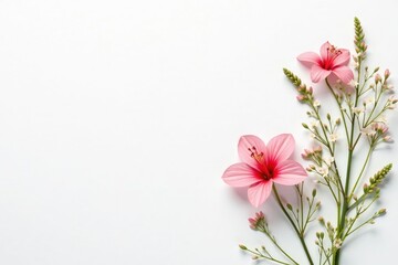 Fototapeta premium Delicate, minimalist floral sprigs on white background, blossom, petal