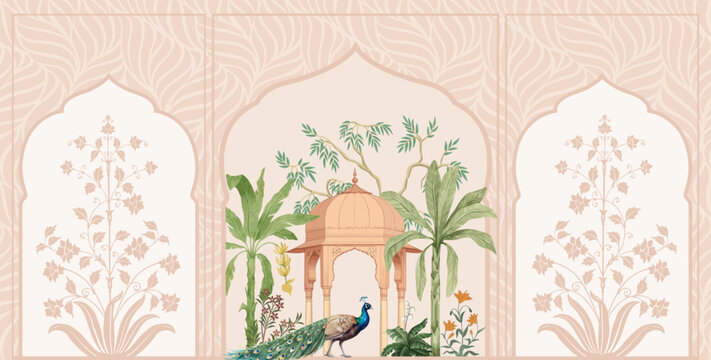 Traditional Mughal wallpaper with flower wall design. Mughal Wall Mural Wallpaper for interior design.
