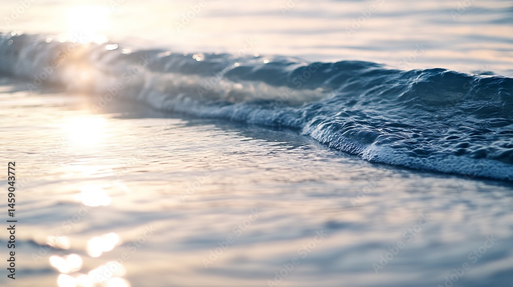 Poster close-up view of a small wave breaking on a beach at sunset, showing the texture of the water and th