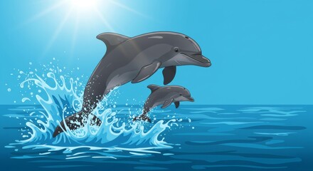 Fototapeta premium Two playful dolphins leaping in the ocean waves.