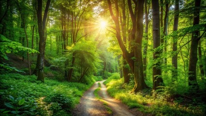 Obraz premium path meandering through forest, trees foliage lush green, greenery foliage natural scenery, sun casting dappled light