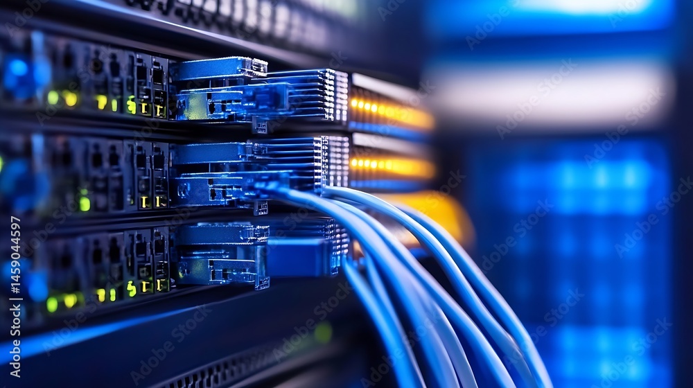Poster Close-up view of fiber optic cables connected to a server rack, showcasing the intricate network infrastructure and data transfer technology. : Generative AI