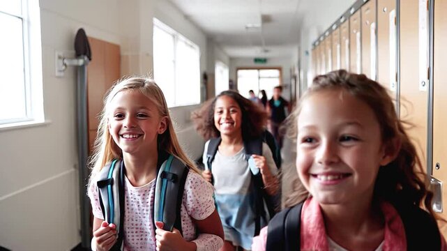 Happy students kids walking in school going learning in classroom