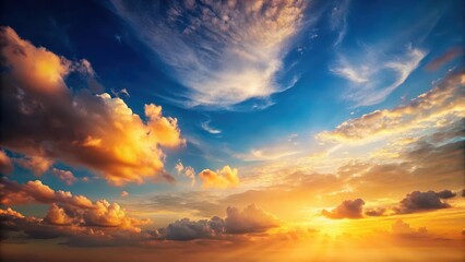 Serene evening sky with soft peach hues and warm golden tones, set against a deep blue backdrop , peaceful, evening,  peaceful