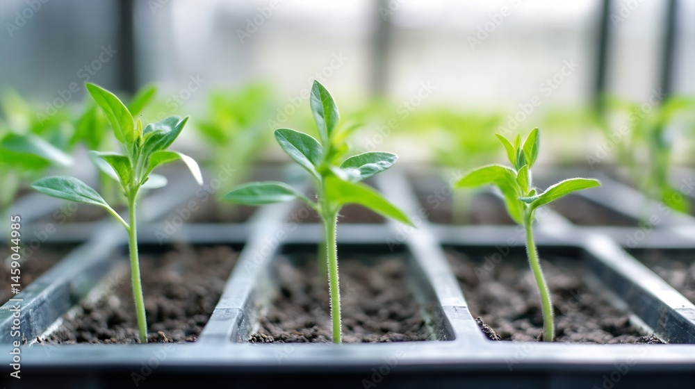 Poster close-up view of several vibrant green seedlings sprouting from dark soil in individual compartments