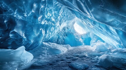A surreal ice cave with shimmering blue walls and intricate frozen formations.