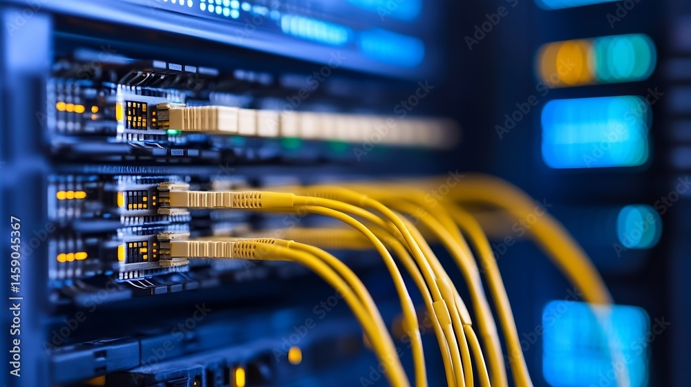 Poster Close-up view of fiber optic cables connected to a network server, showcasing the intricate details of data transfer technology. : Generative AI