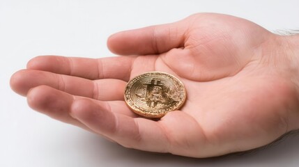 Hand holding a single gold bitcoin on a white background