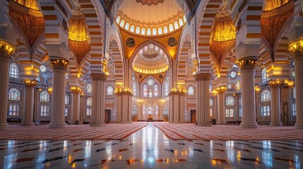 Obraz premium symmetrical view of a mosque interior, highlighting its artistic balance and sacred atmosphere.