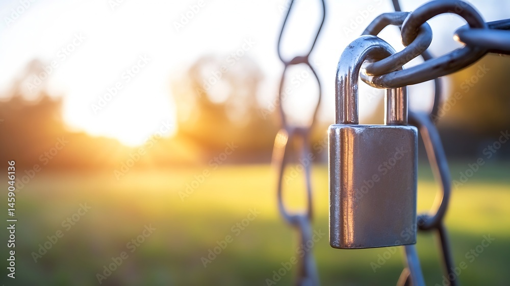 Aufkleber close-up of a metallic padlock secured to a chain link fence, bathed in the warm glow of a sunset ov