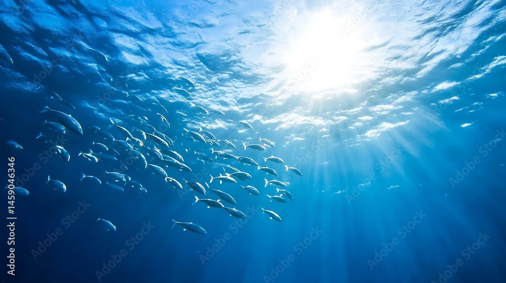 Aufkleber a school of fish swims in the deep blue ocean, sunlight streams from above, creating a serene underw