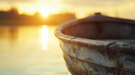 Fototapeta premium Close-up view of an old wooden rowboat at sunset, showing weathered paint and texture, with a blurred lake and golden sky background. : Generative AI