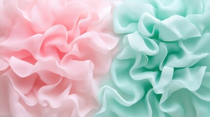 Fototapeta premium Delicate Pink and Mint Green Ruffled Textiles with Soft Flowing Fabric Layers for Elegant Background or Decorative Use