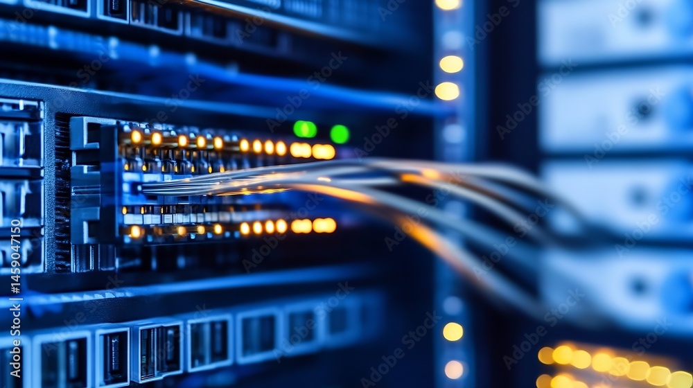 Poster close-up view of fiber optic cables connecting to a server rack, showcasing illuminated ports and in